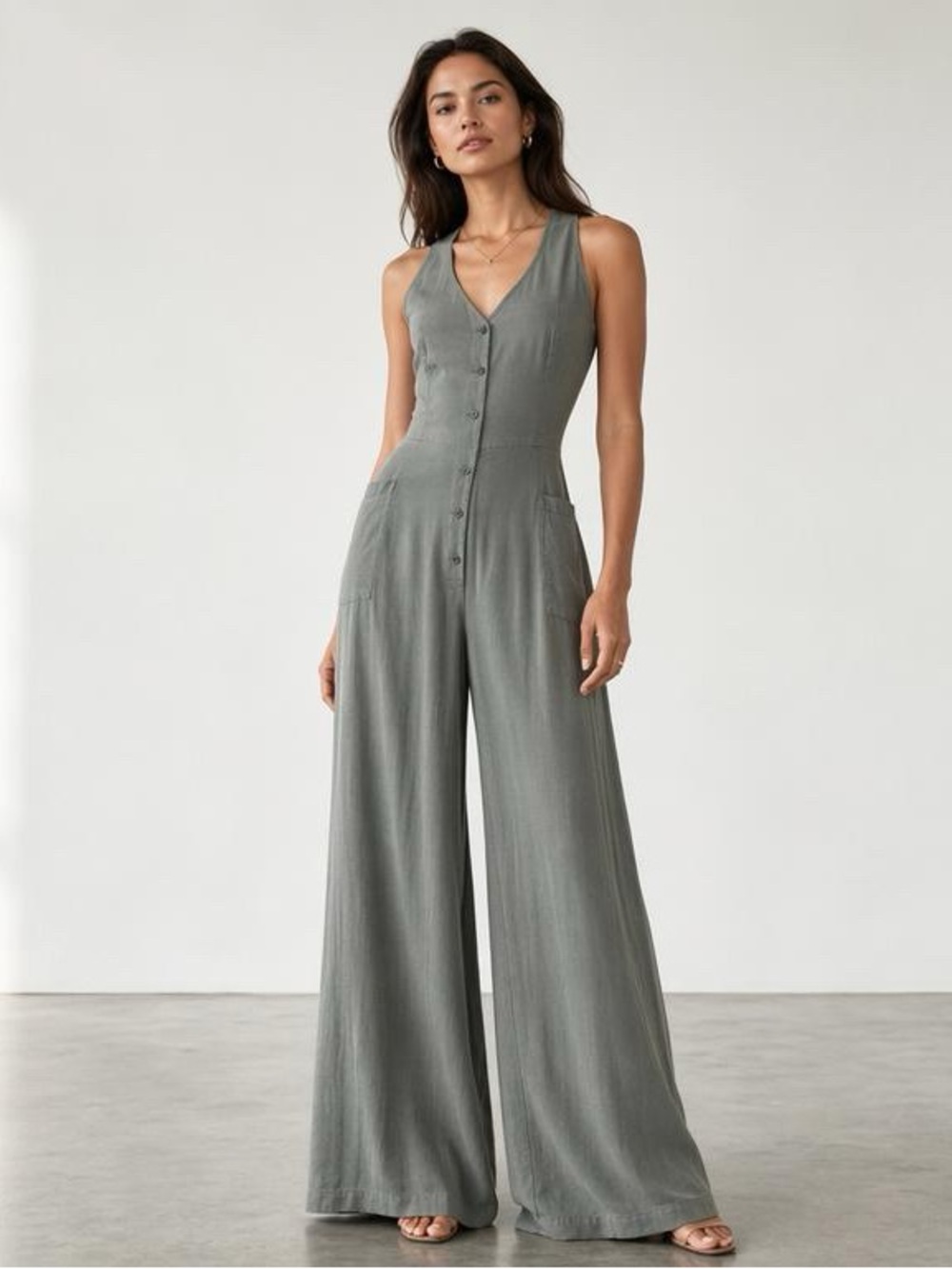 Mated Sage Green Sleeveless Button-Down Jumpsuit Feminine Tie-Back Halter Back